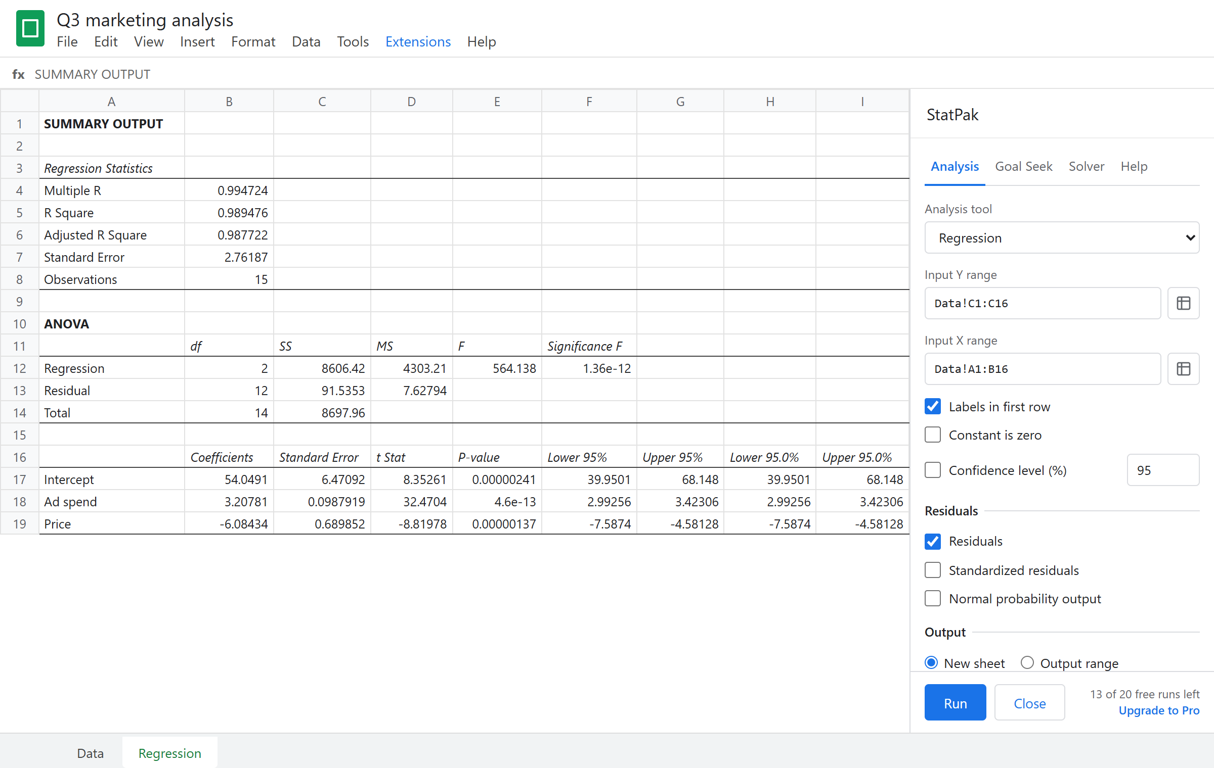 StatPak sidebar next to regression output in Google Sheets